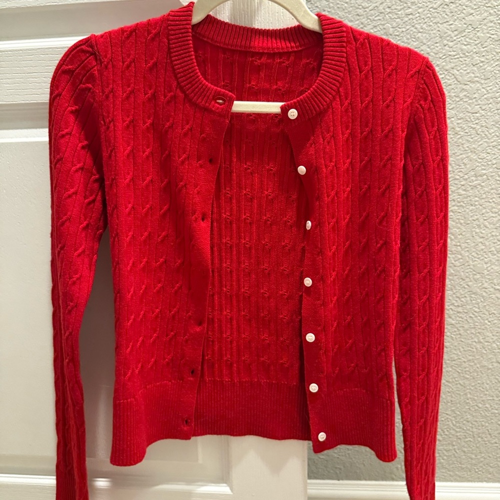 Red Cable Knit Cardigan Sweater